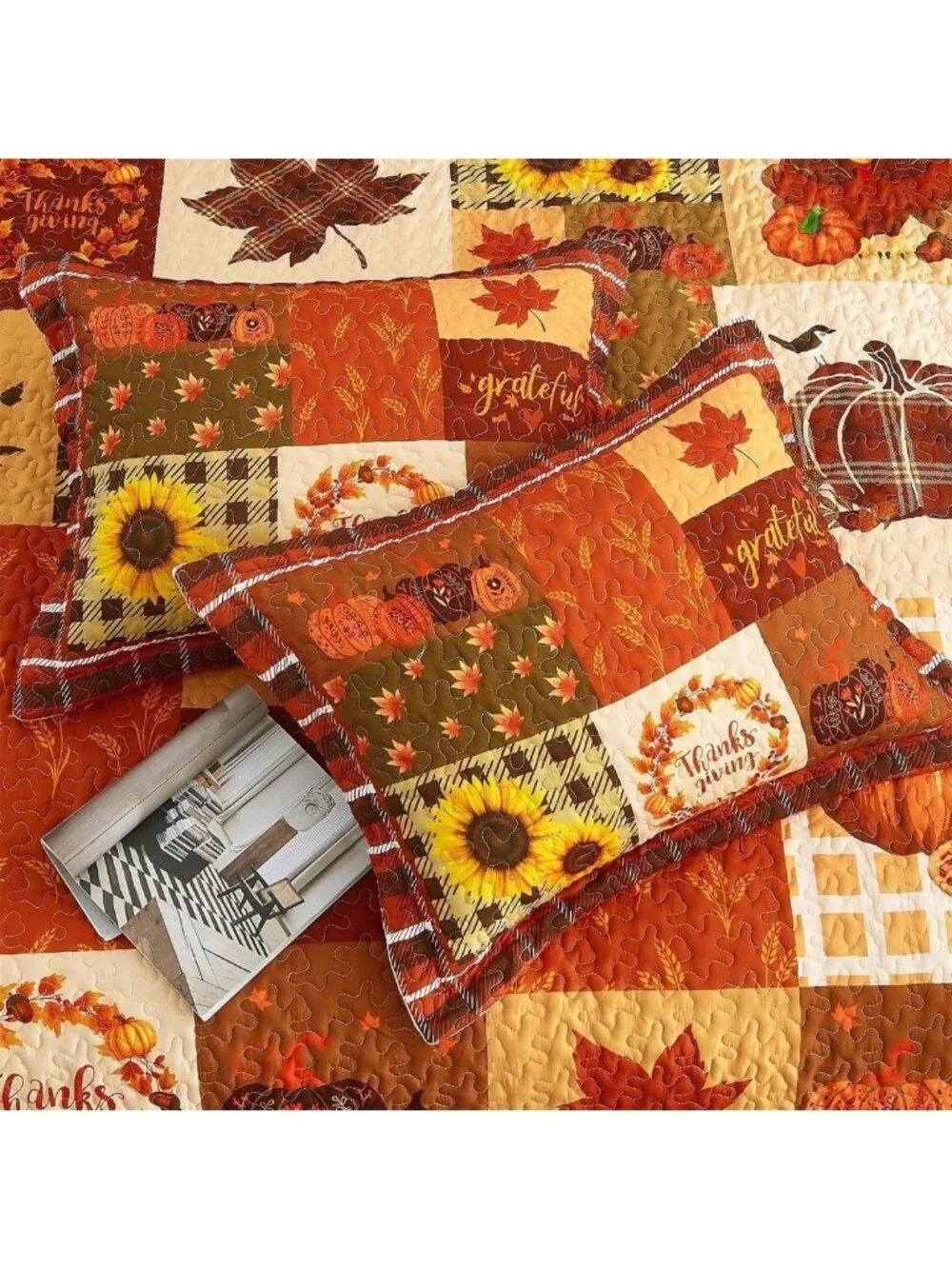 Thanksgiving Pumpkin Quilt King Size Bedspread, Cozy Patchwork Bedding Set